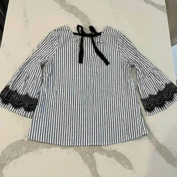 Promesa Striped Bell Sleeve Lace Blouse V Back Women’s Size Large - Picture 4 of 6
